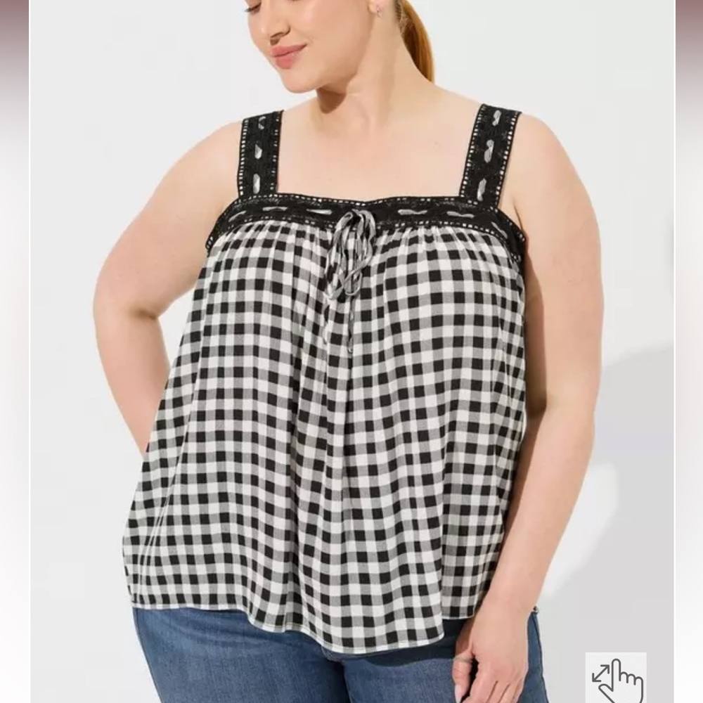 3/$30 🌸 NWT Torrid Gauze Crochet Lace Trim Tank: Cutie Pie Gingham Cloud Dancer